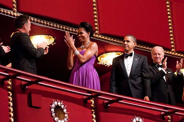 Bruce Springsteen, Michelle Obama, President Obama, and Vice President Joe Biden clap for the Kennedy Center honorees