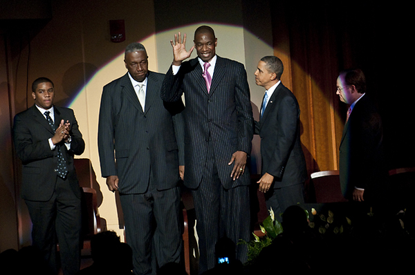 Coach John Thompson Jr. and President Obama present NBA legend, Dikembe Mutombo with the Legacy of a Dream Award